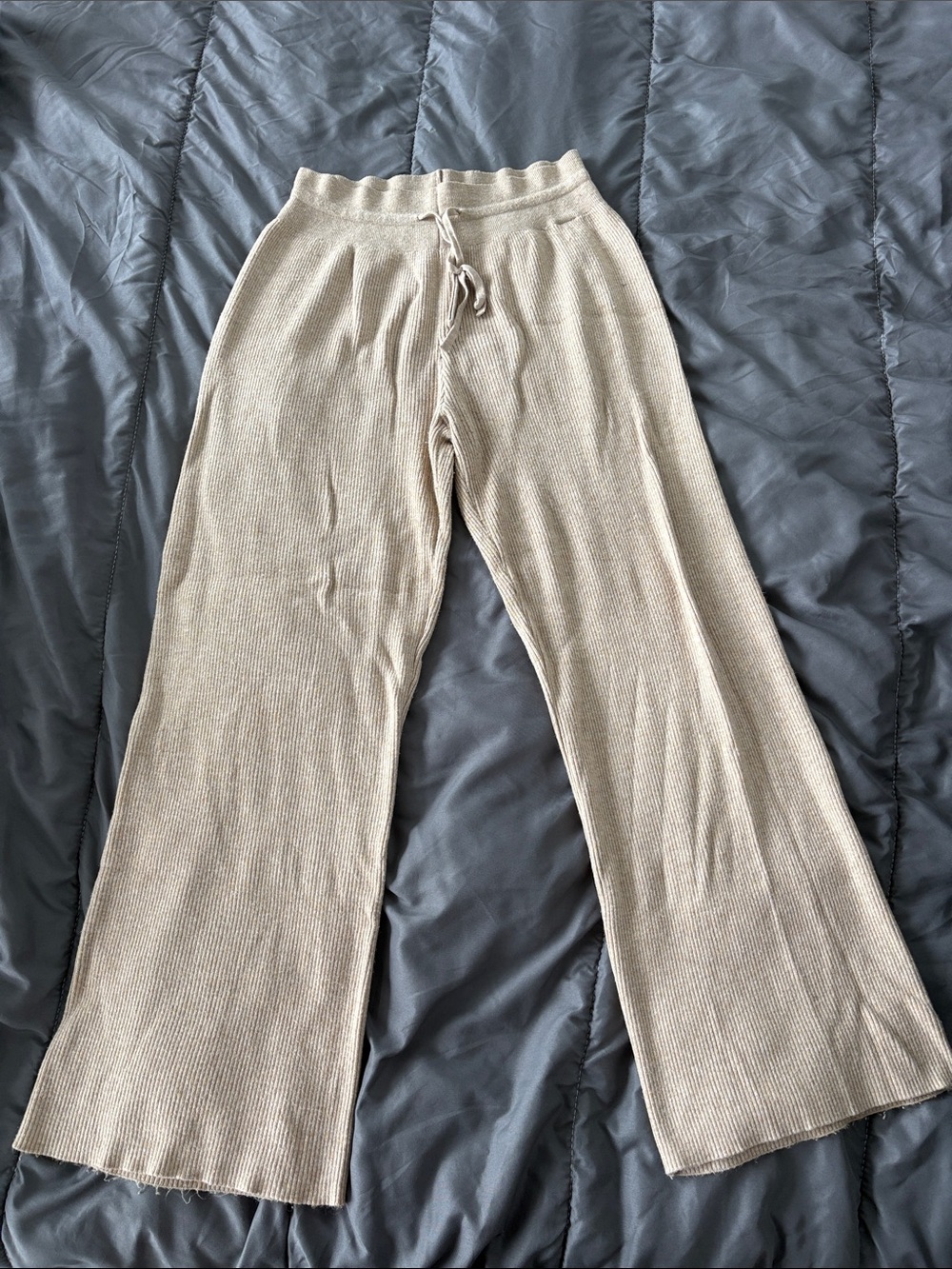 Uniqlo Beige Ribbed Wide-Leg Knit Pants